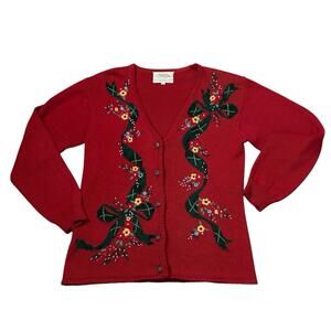 VTG Susan Bristol Red Christmas Sweater Womens Size M Holiday Hand Embroidered